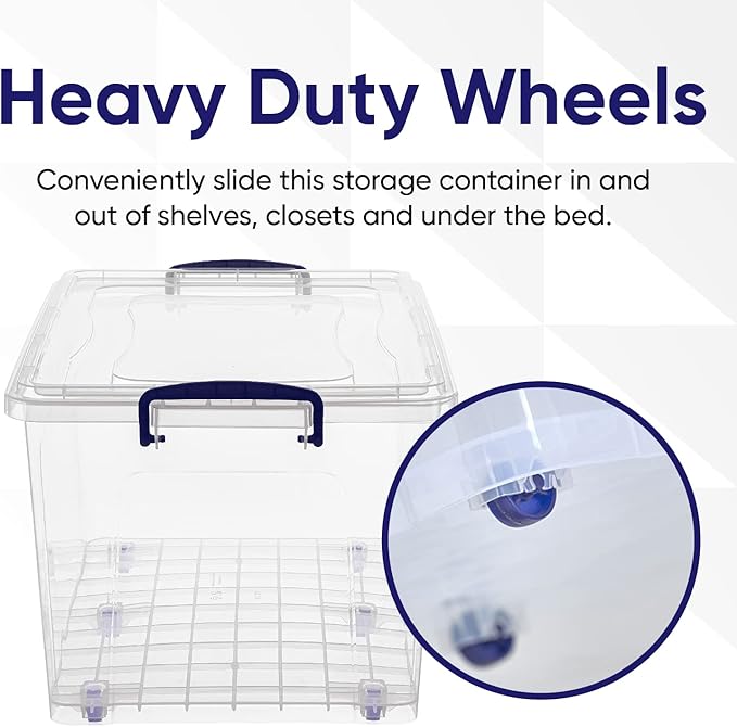 Superio 44 Qt Clear Plastic Storage Bin with Lid and Wheels, Non-Toxic, BPA Free, Odor Free, Organizer Storage Box, Stackable Plastic Tote for Home, Garage, Closet