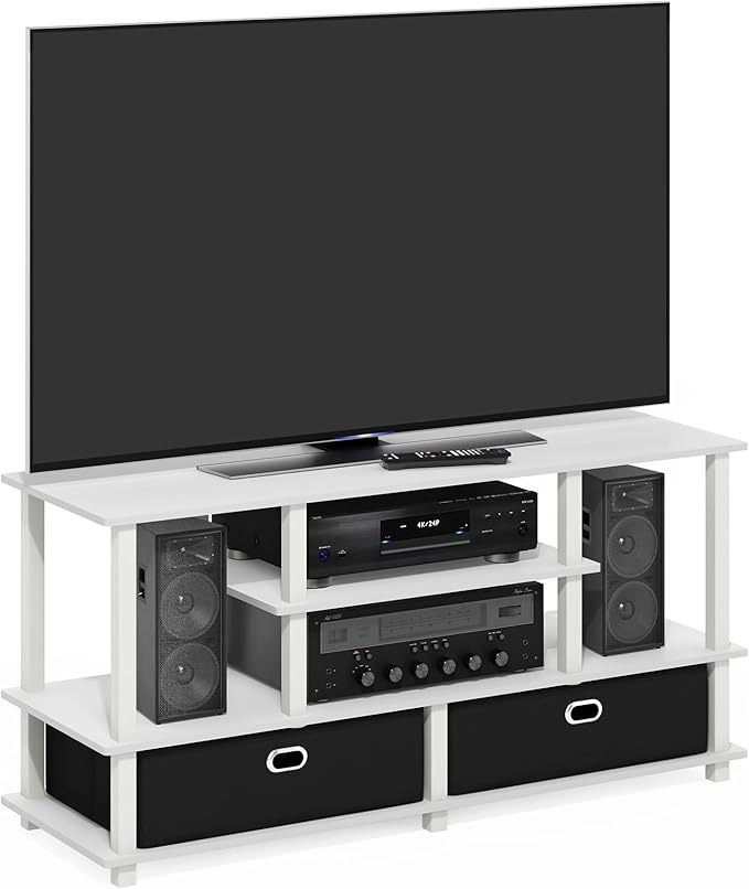 Furinno Jaya TV Stand, 4-Tier Entertainment Center with Open Shelf, TV Console for TV up to 55 Inch with 2 Storage Bins, Toolless Assembly, for Living Room, Bedroom, White