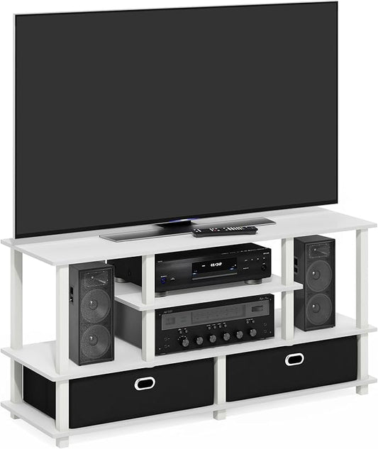 Furinno Jaya TV Stand, 4-Tier Entertainment Center with Open Shelf, TV Console for TV up to 55 Inch with 2 Storage Bins, Toolless Assembly, for Living Room, Bedroom, White