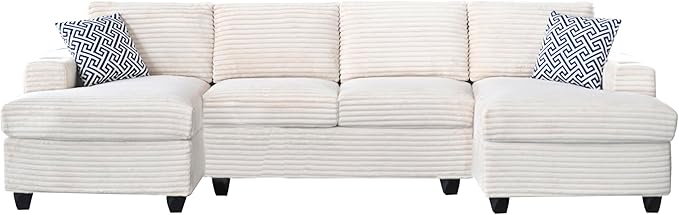 Ball & Cast 124" U-Shaped Sectional Sofa Couches for Living Room with Double Chaise,Cup Holders & Pillows,4 Seat Striped Corduroy Upholstered Modern Modular Sectional Sofa Set,for Home,Office,Beige