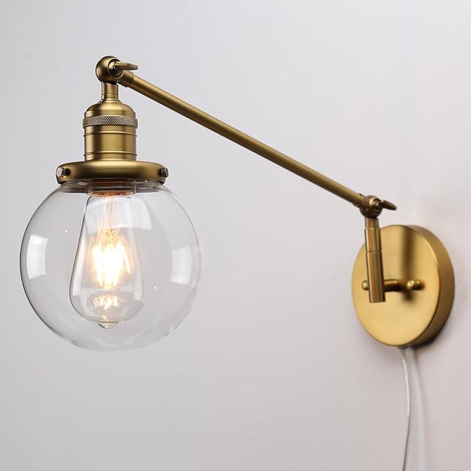 PERMO Plug in Wall Sconce Swing Arm Wall Lamp Industrial Sconce with 5.9" Glass Globe Shade Antique Gold Sconce for Bedroom, Living Room, Office