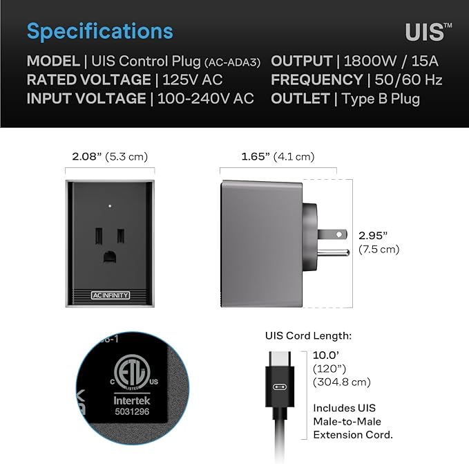 AC Infinity UIS Control Plug, Outlet Adapter to Connect UIS Smart Controllers to Outlet Devices