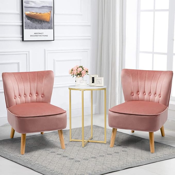 Giantex Set of 2 Modern Velvet Accent Chair, Small Upholstered Leisure Sofa Chair w/Wood Legs, Thickly Padded and Button Tufted, Armless Wingback Club Chairs for Living Room Bedroom Furniture, Pink