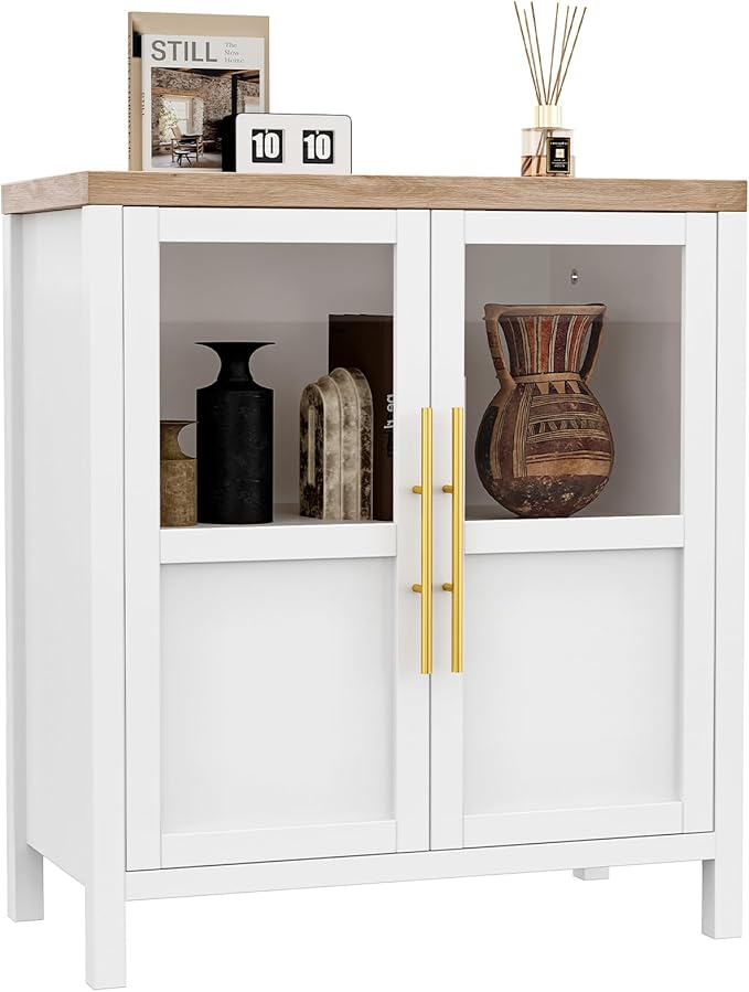 GarveeHome Sideboard Buffet Cabinet with 2 Glass Doors, 29.5 in Buffet Table Coffee Bar Wine Bar Display Cabinet for Kitchen Dining Room, Living Room (Glass with 2 Doors, White)