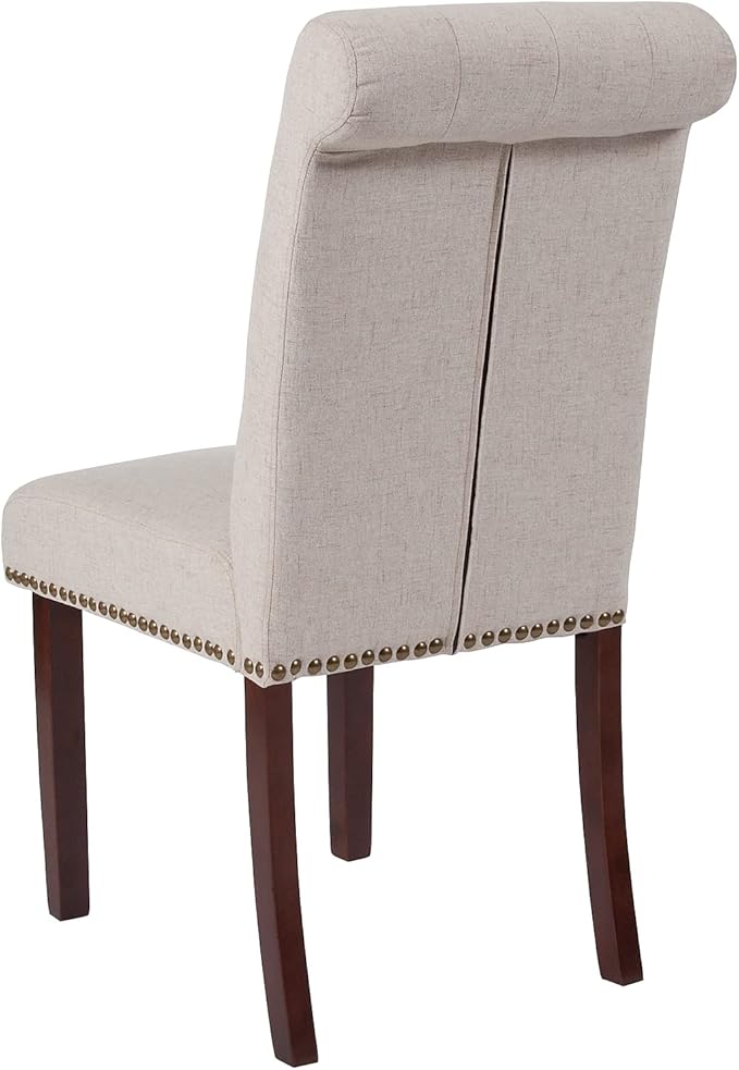 Flash Furniture Set of 2 HERCULES Series Beige Fabric Parsons Chair with Rolled Back, Accent Nail Trim and Walnut Finish
