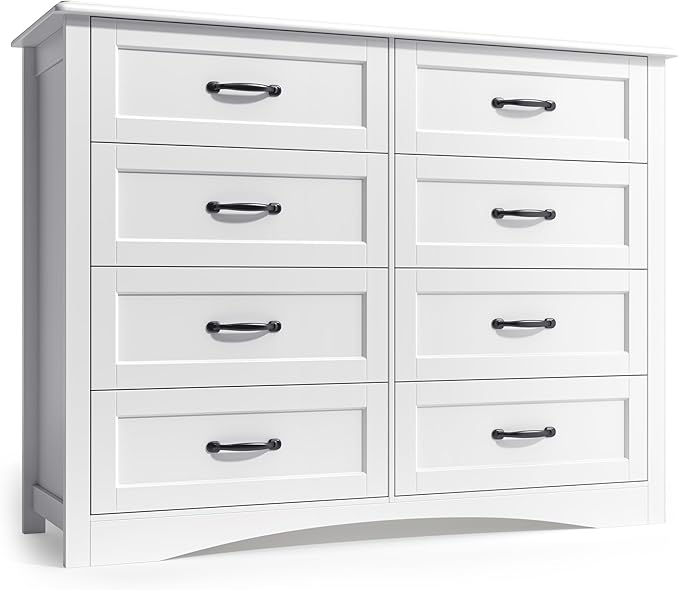 Gizoon 8 Drawer Dresser for Bedroom，Larger Chest of Drawers with Mental Handle for Kids Room, White Dresser with 8 Storage Drawers for Living Room, Entryway and Hallway, White