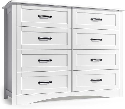 Gizoon 8 Drawer Dresser for Bedroom，Larger Chest of Drawers with Mental Handle for Kids Room, White Dresser with 8 Storage Drawers for Living Room, Entryway and Hallway, White