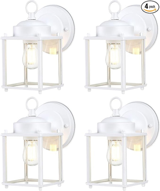 Outdoor Wall Lantern, Exterior Waterproof Wall Sconce Light Fixtures, White Front Porch Lights with Clear Glass, Anti-Rust Metal Outside Lighting Fixture for House Doorway Garage, 4-Pack