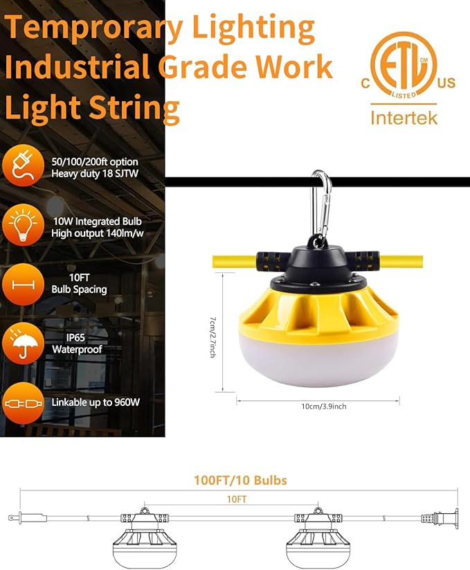 100FT LED Construction String Lights 10 Bulbs,10000LM,Industrial Grade,Weatherproof, Linkable 5000K Super Bright for Job Sites, Mining, Patios & Outdoor Work,Free for Climbing Hook 2Prong