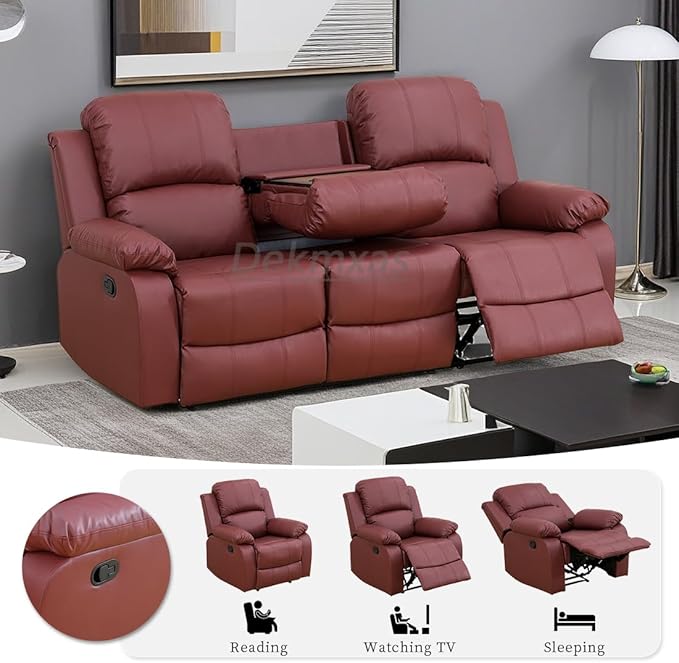 Bonded Leather Reclining Sofa Couch Modern Manual Recliner Sofa Living Room Furniture 3 Seater Reclining Sofa with Cup Holders & Drop-Down Table for Home/Office/Rv Car (Red, 3 Seater Sofa)