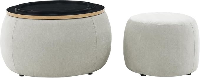 Ball & Cast Round Upholstered Storage-Ottoman Set with Wood Tray, Large Storage Coffee Table w/Footstool & Removable Lid, Dia 25" Padded Bench & End Side-Table for Living Bedroom, Light Grey