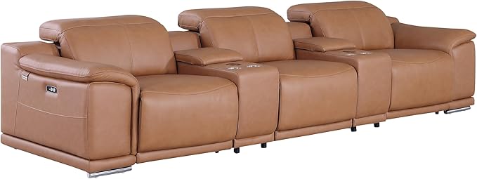 BlackJack Furniture Venice Top Grain Italian Leather Power Recline 5 Piece Sofa - 134" Theater Seating Modern Couch for Living Room Apartment Lounge Home with Adjustable Headrests & USB Port, Cognac