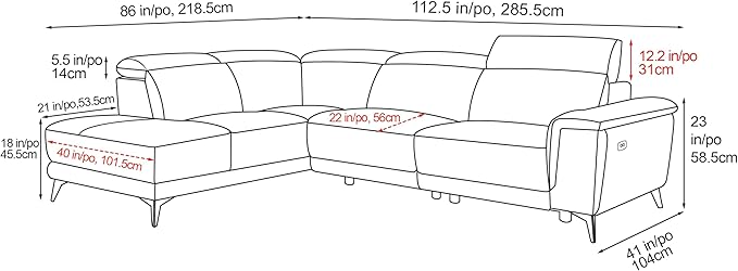 Valencia Pista 113" Full Leather Reclining Sectional Sofa with Left Hand Chaise | Power Recliner Chair, Nappa 11000 Leather | Sectional Couch for Living Room Furniture, Cognac