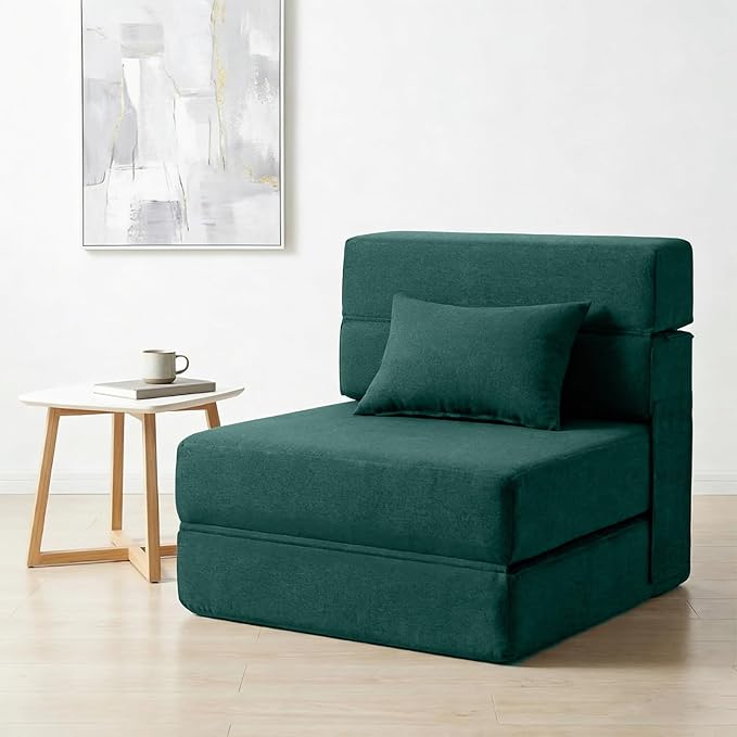SUYOLS Folding Sofa Bed with Pillow- Convertible Chair Floor Couch & Sleeping Mattress, Foldable Memory Foam Sleeper for Living Room/Dorm/Guest Room/Home Office/Apartment/Loft, Single26, Dark Green