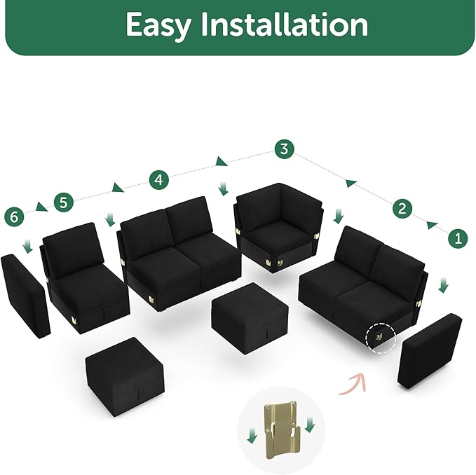 HONBAY Modular Sectional Couch with Storage, Velvet U-Shaped Sectional Sofa with Storage Ottoman Convertible U-Shaped Sofa for Living Room, Black