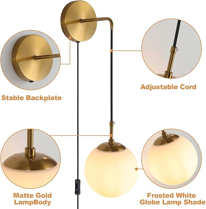 Wall Sconces Set of Two Plug in Wall Sconces Brushed Brass Gold Wall Lamp with Cord Wall Sconce Plug in with Globe White Glass Shade Sconces Set of 2 Wall Light Sconce