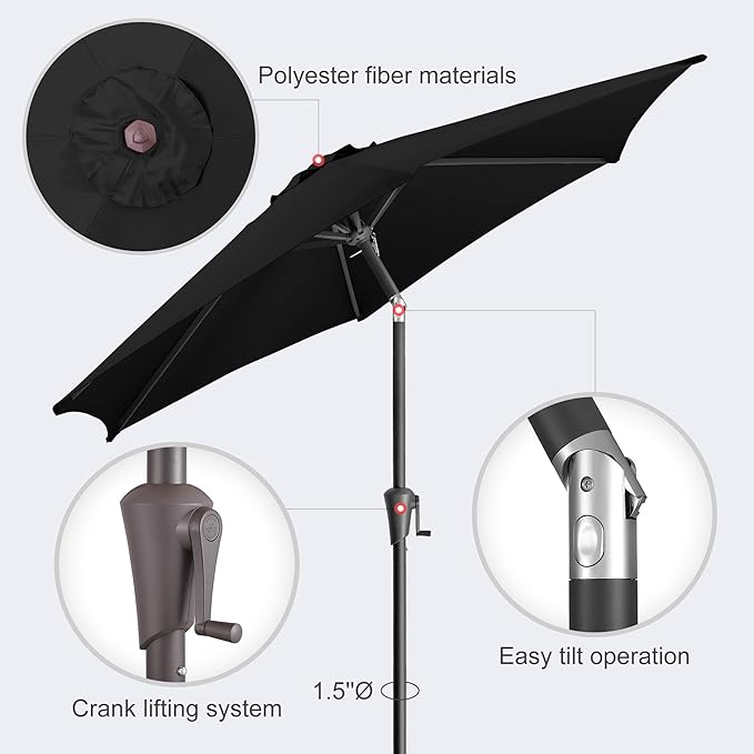 7.5FT Outdoor Patio Umbrella - Table Umbrella Waterprool UV Protection, Sombrillas de Patio with Push Button Tilt, Sun Umbrella for Pool, Porch, Garden, Deck, Backyard (Black)