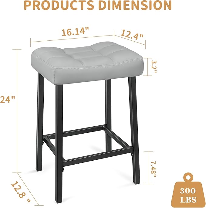 Bar Stools Set of 2, 24 Inch Backless Saddle Bar Stools, Double Needle Upholstered Padded Saddle Metal Stools for Kitchen Counter, Light Grey