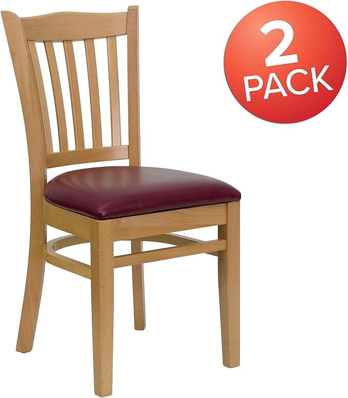 Flash Furniture 2 Pk. HERCULES Series Vertical Slat Back Natural Wood Restaurant Chair - Burgundy Vinyl Seat