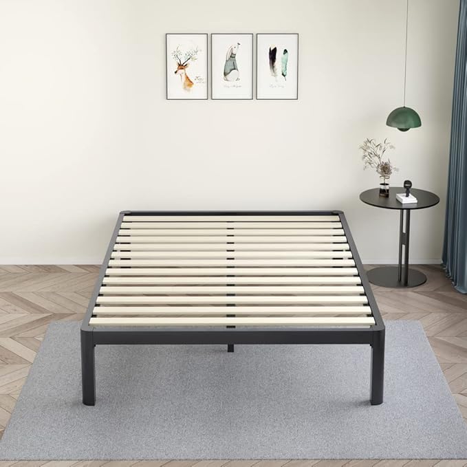 MAF 14 Inch Queen Platform Bed Frames with Wooden Slats, Black 3500 Lbs Heavy Duty Metal Bed Frame with Anti-Collision Round Legs, No Box Spring Needed, Easy Assembly