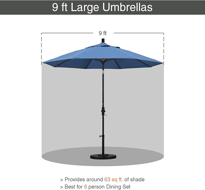 California Umbrella 9' Round Aluminum Pole Fiberglass Rib Patio Umbrella, Crank Lift, Collar Tilt, White Finish, Frost Blue Olefin