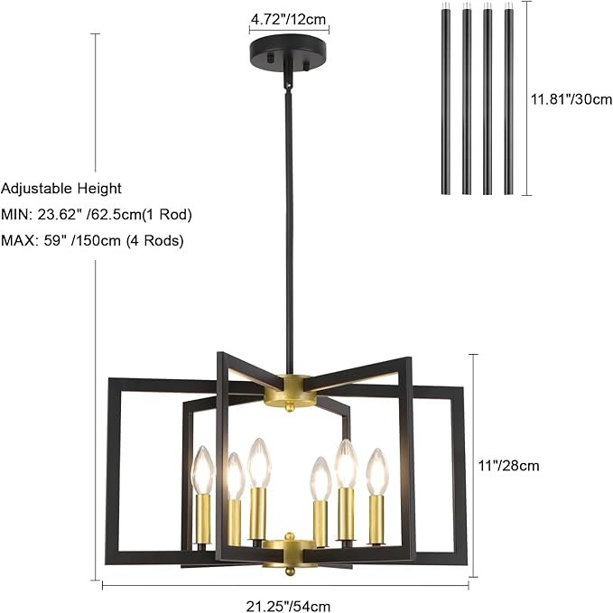 Black and Gold Chandelier Light Fixture, 6 Lights Geometric Modern Chandeliers for Dining Room Kitchen Farmhouse Entryway Living Room