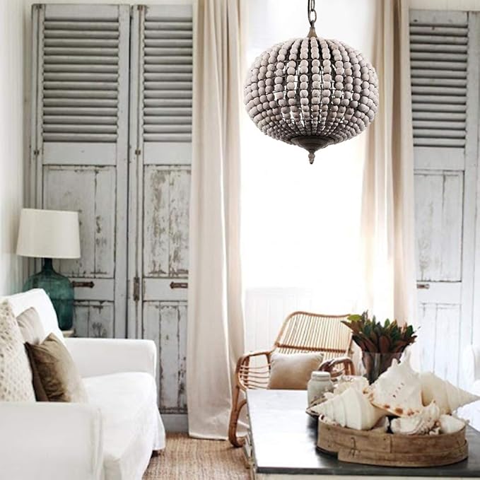 Newrays Wood Bead Chandelier Pendant Bohemian Boho Beachy Ceiling Lamp Light Fixtures (Gray White-Globe, 11.81 in*14.56 in)