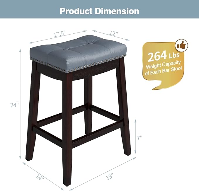 COSTWAY Bar Stools Set of 2, 24-Inch Height Backless Counter Stool with Footrest, Soft Seat Cushion, Wood Legs and Non-Slip Foot Pad, Saddle Stools for Home Kitchen Living Room, Stone Gray+Dark Brown