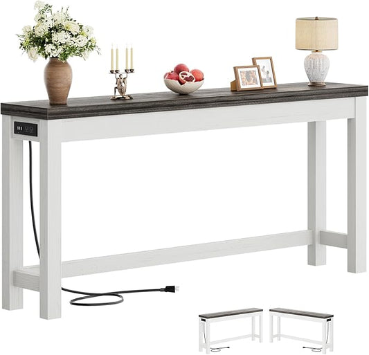 Cyclysio 63" Console Tables for Entryway, Long Console Tables for Living Room, Behind Couch Table, Sturdy Wood Support Farmhouse Entryway Table with 3AC+2USB Charging‌ Station, Oak Grey
