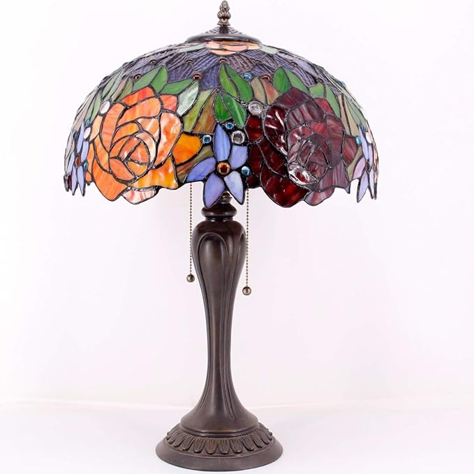 WERFACTORY Tiffany Table Lamp Stained Glass Bedside Lamp Red Rose 16X16X24 Inches Desk Reading Light Resin Base Decor Bedroom Living Room Home Office S001 Series