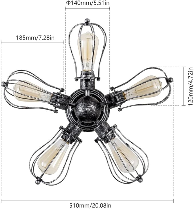 Vintage Ceiling Light Industrial Semi-Flush Mount Ceiling Light Metal Fixtures Painted Finish (with 5 Light) (Silver)