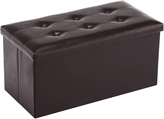 Youdesure Folding Storage Ottoman Bench, 30 inch Faux Leather Footrest Couch for Living Room, Storage Bench with Padded Seat for Bedroom Hallway, Holds up to 350lbs, Brown