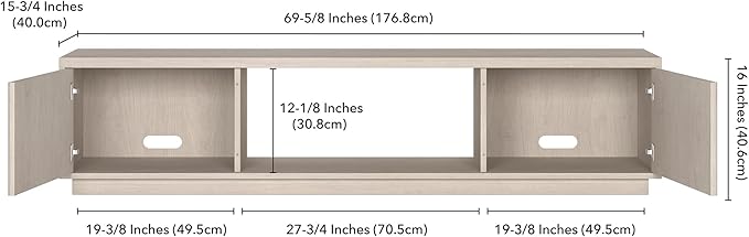 Henn&Hart Fluted TV Stand for TVs up to 78" with 2 Ribbed Side Storage Cabinets and Open Center Storage for Living Room, Family Room, or Office, Beech White