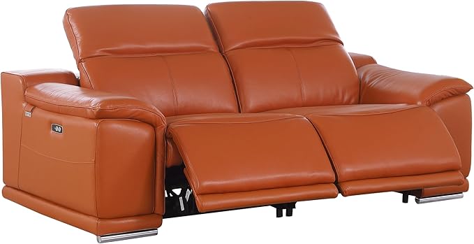 Blackjack Furniture Venice Top Grain Italian Leather Recliner 5 Seater 4 Power Reclining Seater 2 Piece Sofa Set with Adjustable Headrests Modern Seating Sofa and Loveseat for Living Room , Camel