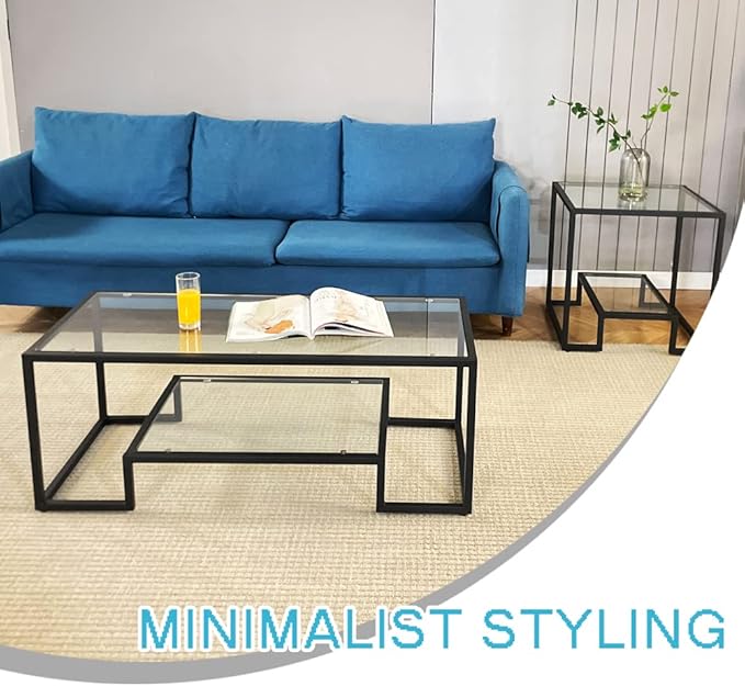 Black Metal Glass Coffee Table - Simple Center Coffee Table for Living Room Home, Metal Frame Coffee Table with 2 Shelves,Modern Table for Bedroom, Dinning Room,Office Decor | Living Room, Home, Modern Table, Bedroom, Dinning Room
