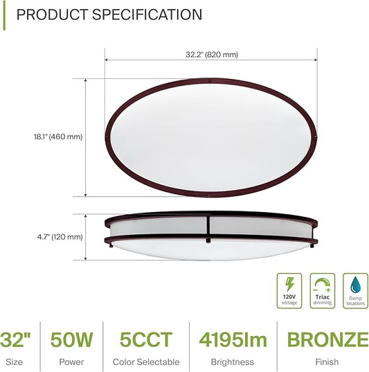 ASD LED 32" Oval Flush Mount Lighting, Close to Ceiling Light Fixture | 5CCT, Dimmable, ETL Listed | 50W 4195LM 2700-5000K 120V | Low Profile Double Ring Lamp | Dark Bronze