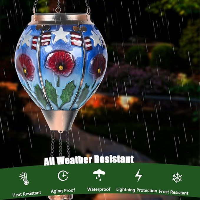 Hot Air Balloon Solar Lantern - Poppy Flower Patriotic Glass Lantern, Simulated Flickering Dancing Flame, Outdoor Hanging Yard Light Waterproof IP65, Ideal 4th of July Gift for Patriot Patio Decor