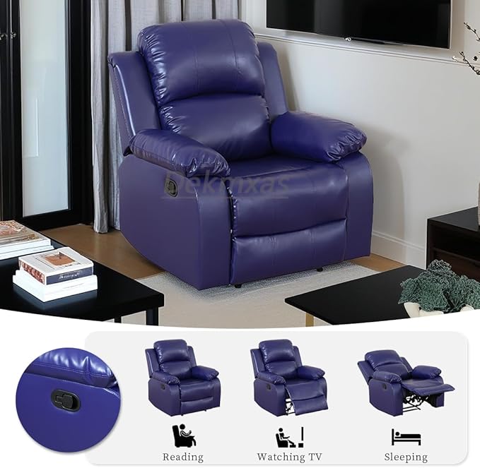 Bonded Leather Recliner Chair Contempary Manual Reclining Chair Living Room Furniture Accent Recliner with Overstuffed Arm & Back for Living Room/Bedroom/Office/Rv Car (Purple Blue, Chair)