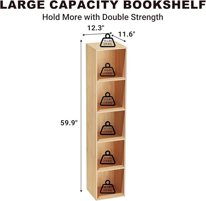 5 Tier Bookshelf, Open Tall Narrow Floor Standing Bookcase, Wooden Book Shelf Display Organizer for Home Office, Study (Oak, 5 Cube)