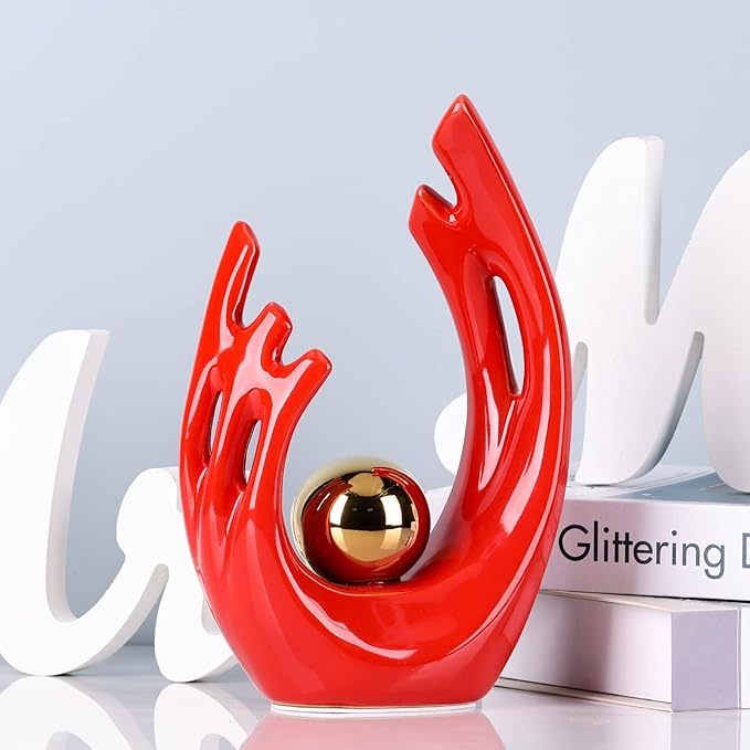 Red Modern Abstract Art Ceramic Statue and Sculpture,Red and Gold Home Decor Accents,Table Decoration for Living Room Office Dining Room Kitchen Cabinets Apartment Desktop Bookshelf Aesthetic Decor