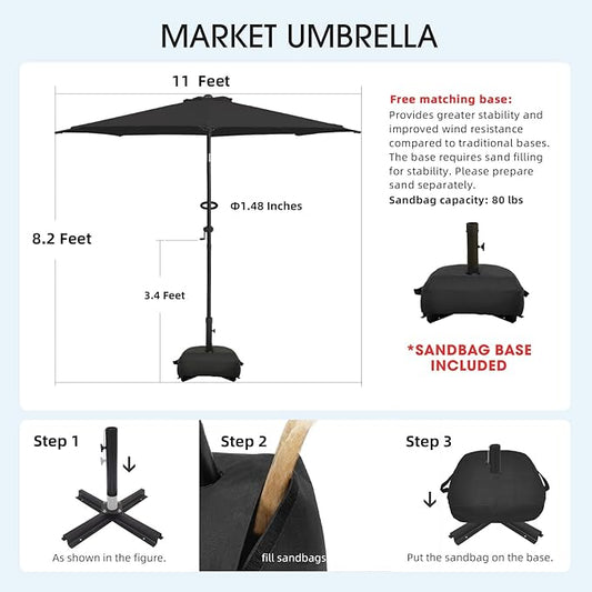 wikiwiki 11FT Patio Umbrella with Base, Outdoor Umbrellas with Base Included, 8 Sturdy Ribs, Waterproof Fade Resistant POLYESTER DTY Canopy for Deck, Lawn, Garden, Backyard & Pool, Black