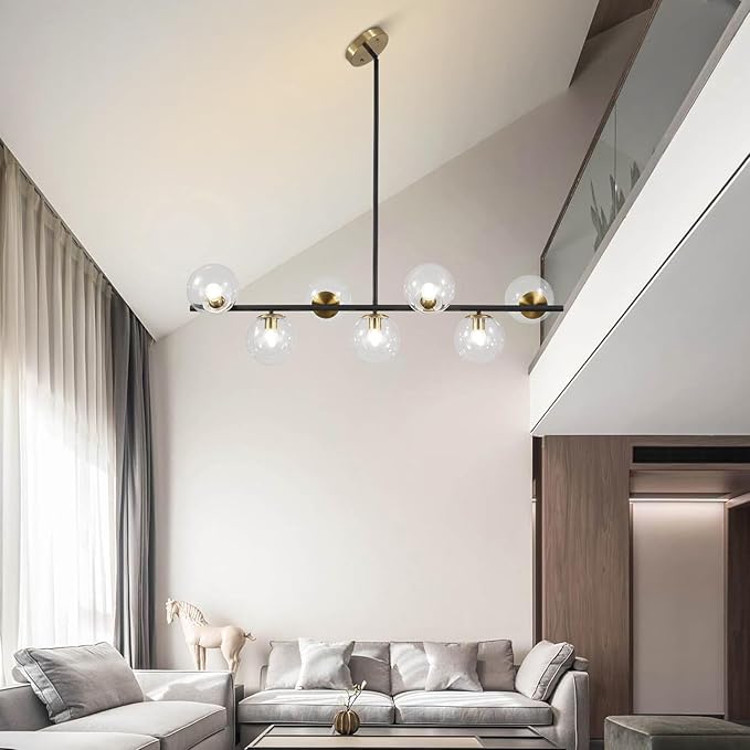 KCO Lighting Black and Brass Chandelier Light Fixture 7 Light Clear Glass Bubble Chandelier Modern Large Globe Sputnik Chandeliers Farmhouse Gold Linear Kitchen Pendant Lighting