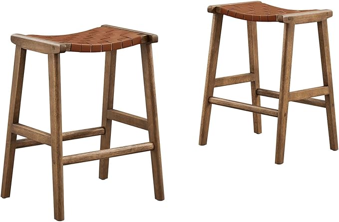 Modway Saoirse Faux Leather Wood Counter Stool - Set of 2 in Walnut Brown