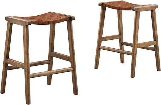 Modway Saoirse Faux Leather Wood Counter Stool - Set of 2 in Walnut Brown