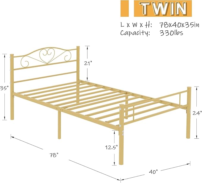 VECELO 14 Inch Twin Size Metal Platform Bed Frame with Headboard and Footboard, Heavy Duty Mattress Foundation with Steel Slats Support, No Box Spring Needed, Gold