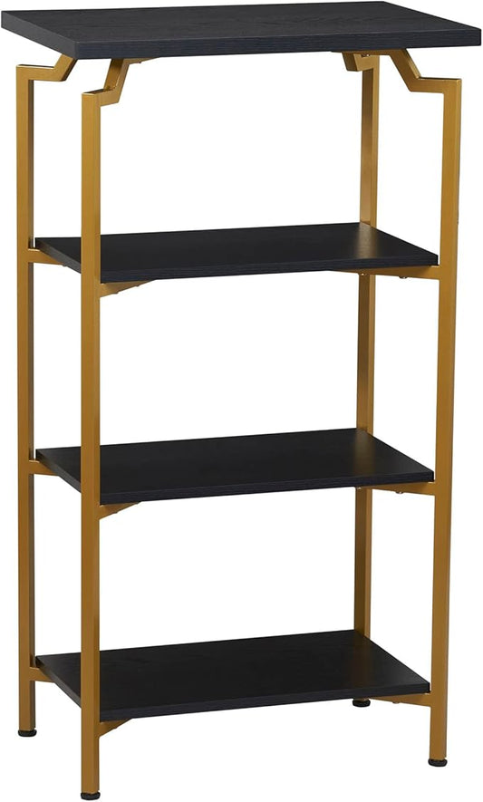 Household Essentials Crown Narrow 4 Shelf Open Storage Bookshelf Black Oak Wood Grain and Gold Metal