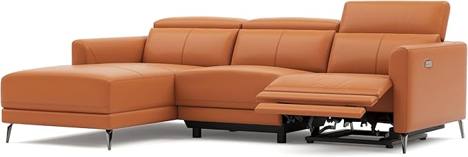 Valencia Andria Left-Facing Sectional Leather Sofa 99.5" | Italian Nappa 11000 Top-Grain Leather Reclining Sofa | Electric Power Recliner | Stainless Steel Leg, Cognac