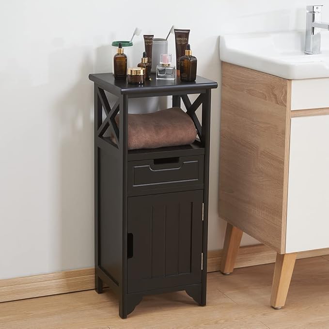 Assembled 30in Height Nightstand, Pre- Assembled Bathroom Floor Cabinet with Shelf and Storage Drawer, Black Tall End Table No Assembly Chest for Living Room Bedroom