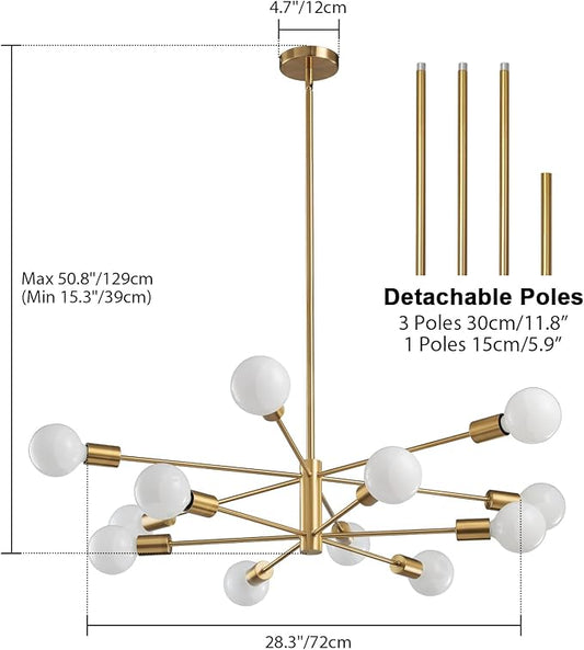Modern Sputnik Chandeliers Light, 12-Light Gold Gold Dining Room Chandelier Over Table, Height Adjustable Industrial Semi Flush Mount Mid Century Chandelier for Kitchen Island Living Room