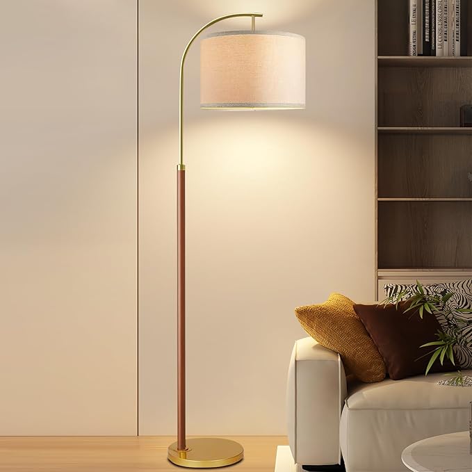 Wood Floor Lamps for Living Room Arc Floor Lamp with Remote Control,Dimmable LED Floor Lamp Mid Century Modern Standing Lamp with 3 Color Temperature Tall Gold Floor Lamp for Bedroom Corner